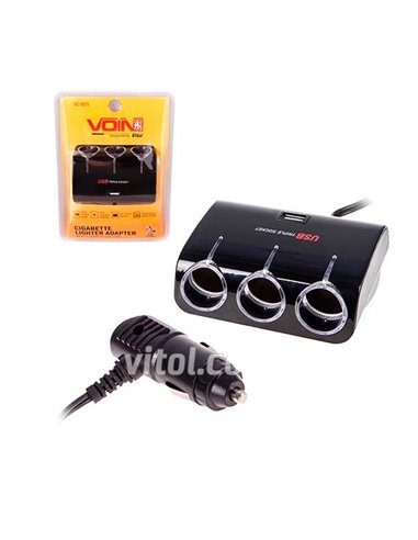 Прикуриватель переходник Voin 3 вых. + 1USB 1000mA 12/24V