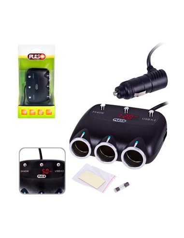 Прикуриватель переходник PULSO 2 вых. +2USB 2400mA+вольтметр 12/24V  дріт
